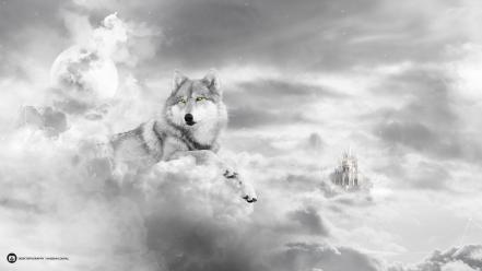Clouds castles moon yellow eyes artwork desktopography wolves wallpaper