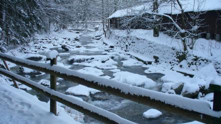 Nature winter snow trees rivers wallpaper