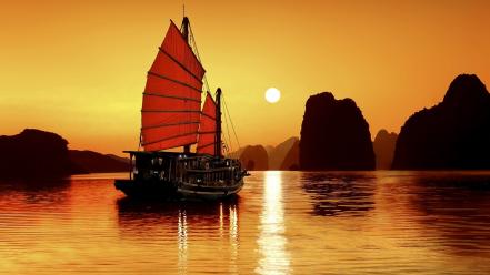 Silhouette rocks viet nam boats seascapes reflections wallpaper