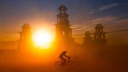 Sun bicycles silhouette buildings dust sunlight wallpaper