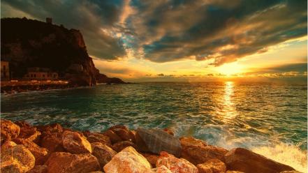 Water sunset ocean clouds landscapes nature cliff wallpaper