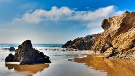 Beach rocks skies malibu sea wallpaper