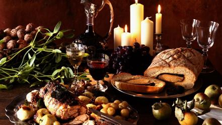 Food meat bread wine apples wallpaper