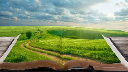 Landscapes nature sun trees grass books skies wallpaper