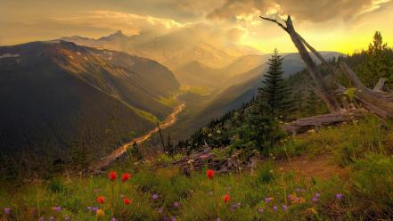 Mountains clouds landscapes nature flowers upscaled wallpaper
