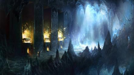 Paintings ice cave fire fantasy art warriors wallpaper