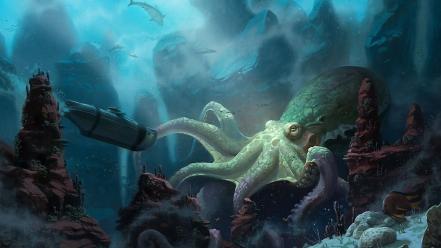 Submarine octopus fantasy art artwork underwater wallpaper