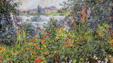 Paintings flowers garden houses claude monet impressionism wallpaper