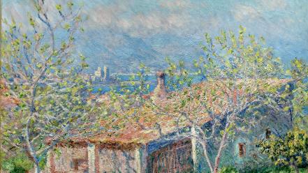 Paintings trees houses claude monet impressionism wallpaper