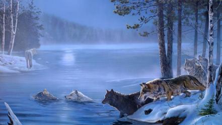 Water nature trees animals fog wolves wallpaper
