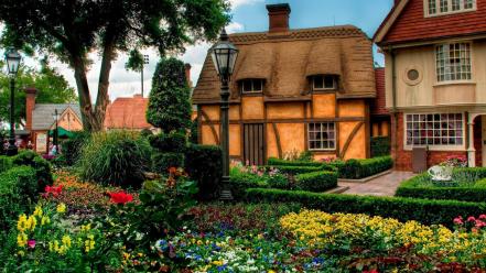 Cityscapes flowers garden old house wallpaper