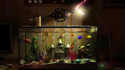 Fish clocks lamps tank digital art wallpaper