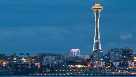 Lights seattle usa bay space needle evening cities wallpaper