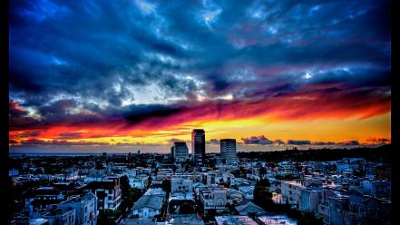 Sunset clouds cityscapes multicolor town view wallpaper