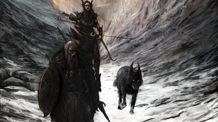 Archers fantasy art warriors wolves shields wallpaper