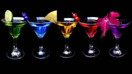 Dark multicolor fruits spectrum martini drinks black background wallpaper