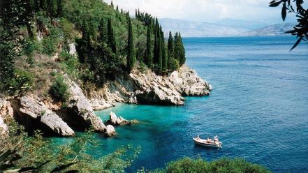 Landscapes trees europe islands boats greece sea wallpaper