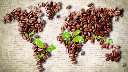Leaves continents coffee beans world map wallpaper