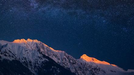 Mountains winter snow stars night sky wallpaper