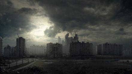Clouds buildings apocalypse science fiction artwork skyscapes wallpaper