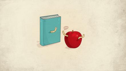 Minimalistic nerd funny books apples simple background worms wallpaper