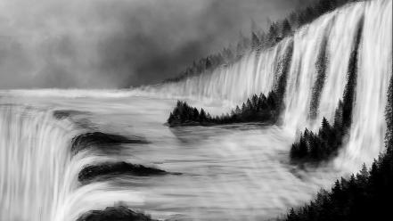 Paintings landscapes trees dark grayscale artwork waterfalls wallpaper