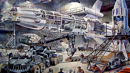 Science fiction artwork retrofuture hangar klaus burgle wallpaper