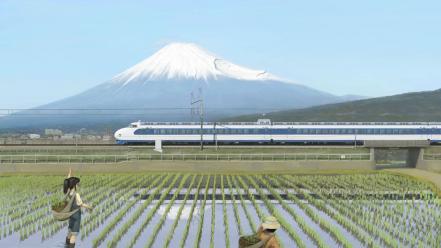 Trains propaganda rice artwork shinkansen skies farmers wallpaper