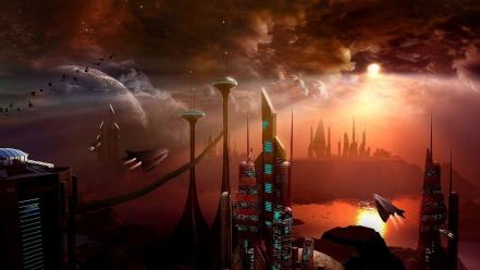 Buildings sunlight science fiction art vehicle sci-fi wallpaper