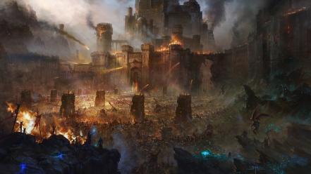 Castles fire demons fantasy art battles siege catapults wallpaper
