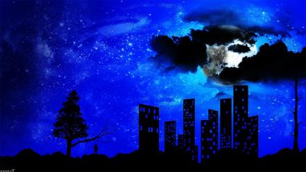 Clouds night artistic stars moon buildings skies nights wallpaper