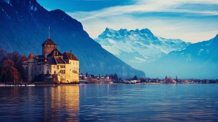 Mountains winter snow castles switzerland lake geneva wallpaper