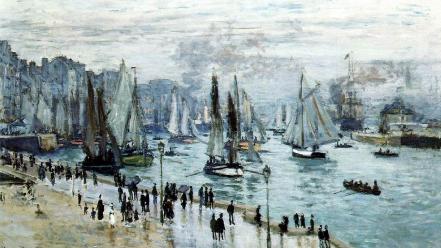 Paintings people boats claude monet harbours impressionism wallpaper