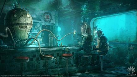 Robots bar fantasy art underwater milkshakes octopus wallpaper