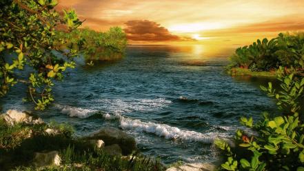 Sunset forests sea wallpaper