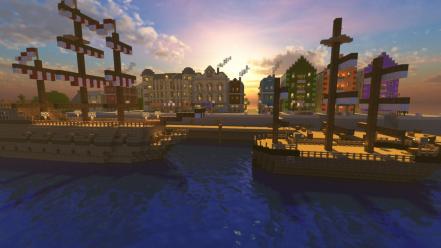 Town minecraft cities skies shaders glsl panoramic wallpaper