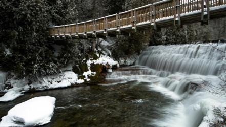 Wooden bridge waterfalls rivers man made current wallpaper