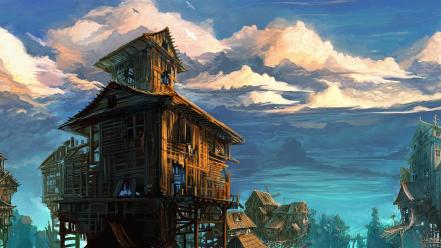 Fantasy art artwork abandoned cities wooden architecture wallpaper