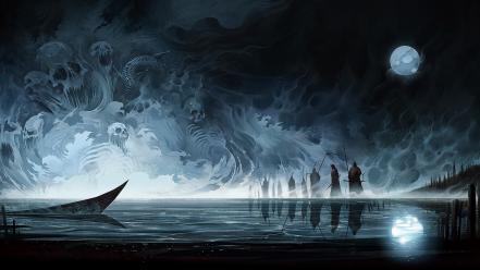 Fantasy art boats artwork warriors lakes reflections wallpaper
