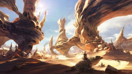 Lizards artwork homes civilization rock formations skies wallpaper