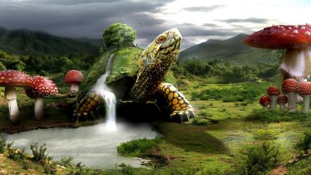 Mushrooms fantasy art digital lakes waterfalls 3d wallpaper