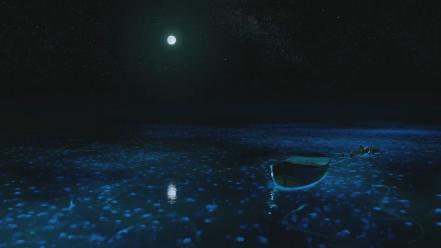 Night moon boats jellyfish wallpaper