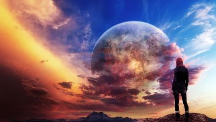 Outer space planets human sunlight artwork skies wallpaper