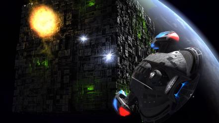 Shining spaceships battles science fiction cube sci-fi wallpaper
