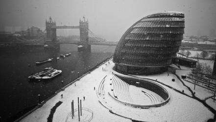 Winter snow cityscapes london fog monochrome cities bridge wallpaper