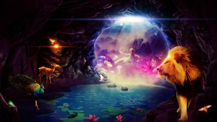 Caves fantasy art lions wallpaper