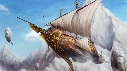 Fantasy guns flying ships art digital sails wallpaper