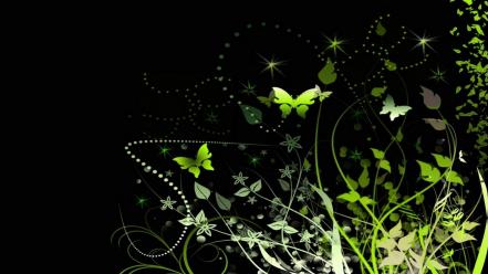 Green pattern artistic flowers black background butterflies wallpaper