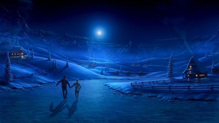 Ice walk houses moonlight christmas wallpaper