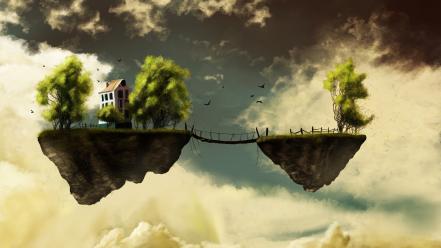 Trees bridges fantasy art artwork floating island skies wallpaper